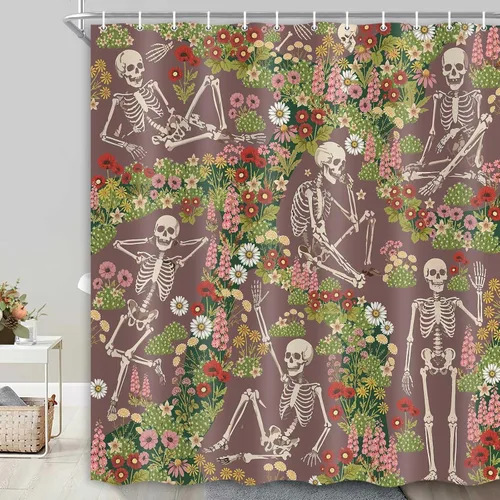 Miniatura 8 de Divertida cortina de ducha de esqueleto de calavera rosa, para Halloween, gótica, rosa, rojo, rosa, floral, vino tinto, terror, terror, cortina