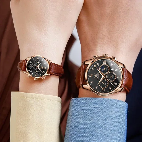 Miniatura 4 de OLEVS Juego de 2 relojes de cuarzo para parejas de San Valentín, para él y ella, cronógrafo de cuero, con diamantes para hombres, mujeres, amantes