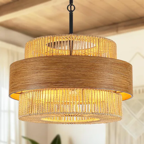 Lámpara de araña tejida a mano con 5 luces, estilo bohemio, de tambor de ratán, de 19.68 pulgadas, grande, redonda, rústica, costera, para casa de