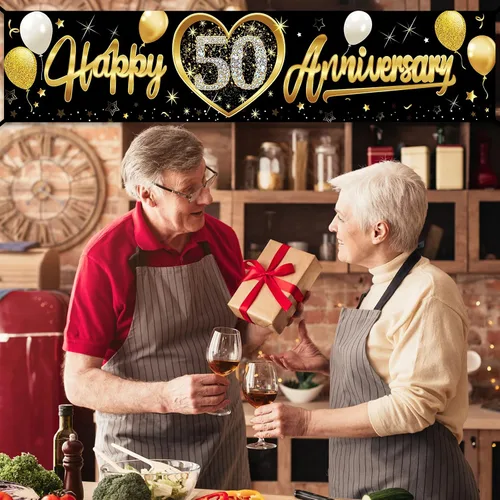 Miniatura 6 de Cartel de feliz 50 aniversario de boda, decoración de cartel de 50 aniversario de oro negro, suministros de fiesta, cabina de fotos para interiores