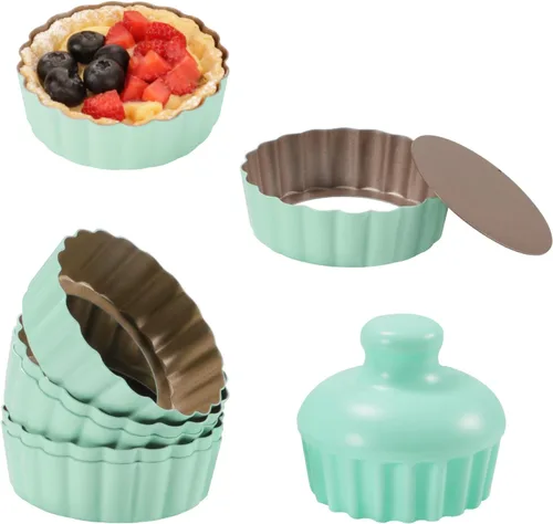Juego de mini sartenes para tartas, 6 sartenes de 3.6 pulgadas con parte inferior extraíble y manipulador de tartas, sartén extra profunda de 1