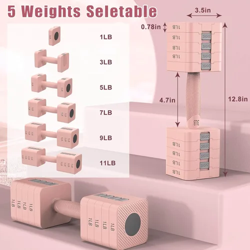 Miniatura 2 de RINREA Juego de 2 mancuernas ajustables 5 en 1 para mujeres/hombres, 3 libras, 5 libras, 7 libras, 9 libras, 11 libras, juego de mancuernas para Rosa