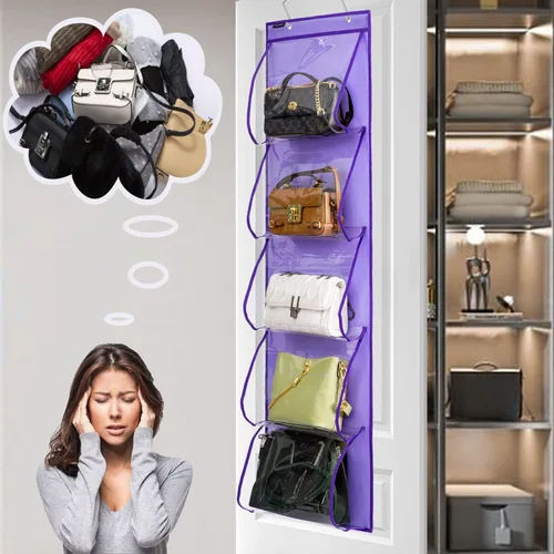 Miniatura 5 de Organizador de bolsos para colgar sobre la puerta con 5 bolsillos de fácil acceso, organizador de almacenamiento para toallas, bufandas, paraguas