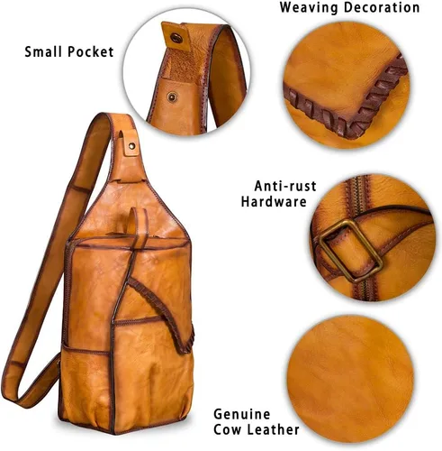 Miniatura 5 de Bolso bandolera de cuero genuino para hombres y mujeres vintage grande mochila bandolera bandolera bandolera bolsa de pecho para iPad