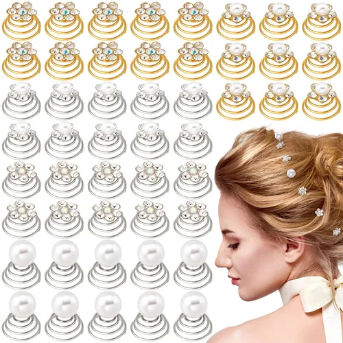 OIIKI 50 clips de joyería para el cabello con diamantes de imitación brillantes – espiral, flor de perla, accesorios decorativos para novia, dama de