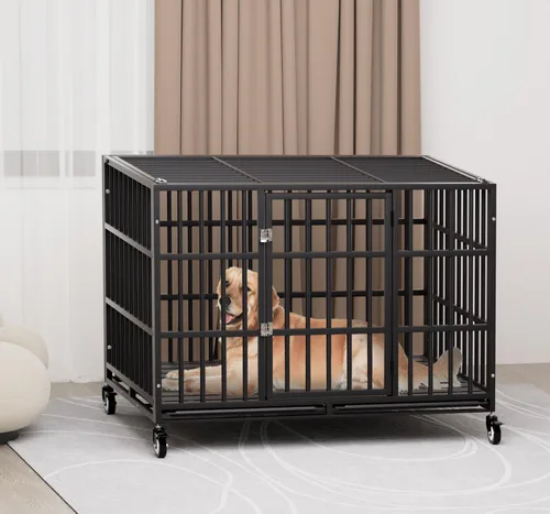 Miniatura 7 de Snuowu Jaula para perros de alta resistencia de 42 pulgadas con ruedas, jaula indestructible a prueba de escapes para perros grandes, extragrande
