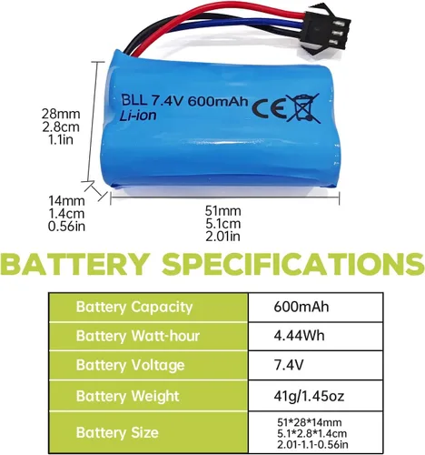 Miniatura 2 de 2 unids 7.4 V 600 mAh 2S batería de iones de litio con enchufe SM-3P con 2 unids cable de carga USB para DE82 TK3086B G20601 RC juguete RC coche