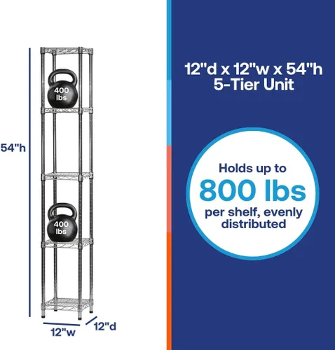 Miniatura 2 de Shelving Inc. Estantería de alambre cromado de 12 pulgadas de profundidad x 12 pulgadas de ancho x 54 pulgadas de alto con estantes de 5 niveles