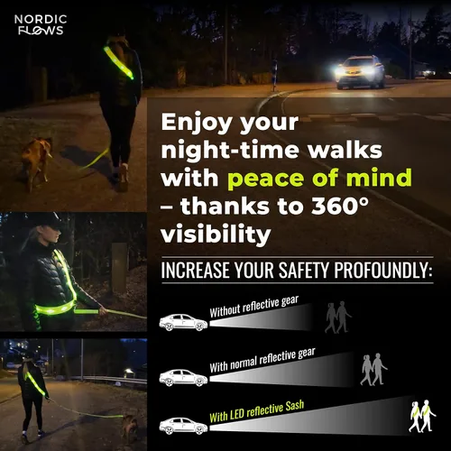 Miniatura 6 de Chaleco de seguridad con luces LED recargables NordicFlows – Banda reflectante e iluminada para paseos nocturnos, correr y pasear al perro