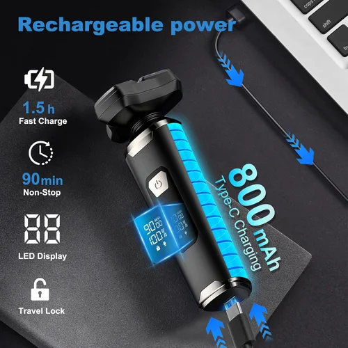 Miniatura 4 de Maquinilla de afeitar eléctrica 4 en 1 para hombres, cabezales flotantes magnéticos, pantalla LED, IPX7 impermeable, bloqueo de viaje y recortadora