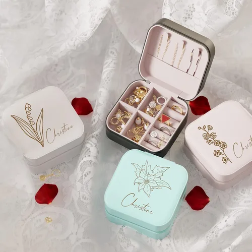 Miniatura 2 de Bemaystar Regalos personalizados para mujer Joyero personalizado, organizador de joyas de viaje pequeño portátil con flor de nacimiento y nombre