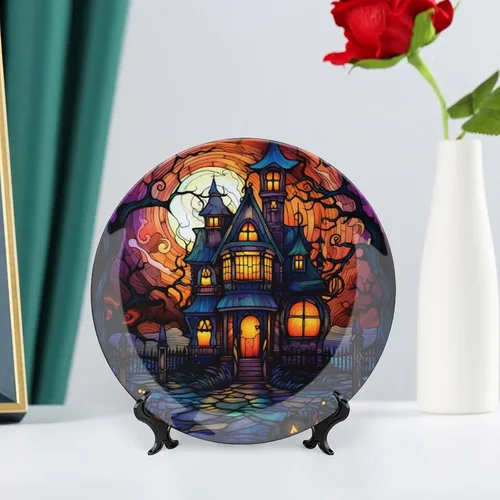 Miniatura 6 de Platos decorativos, diseño de casa embrujada de Halloween, plato de cerámica con soporte de exhibición, decoración para colgar en la pared