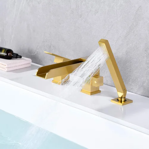 Miniatura 4 de Wowkk Grifos de Cascada para Bañera Romana de Montaje en Cubierta, Grifos de Bañera de Oro Cepillado, Grifos de Bañera de Latón con Relleno