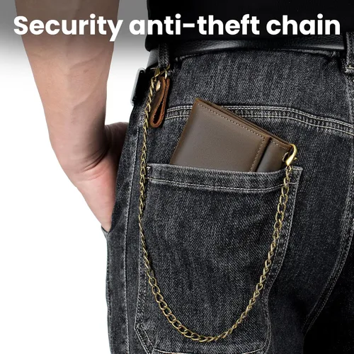Miniatura 7 de BAIGIO Billetera de cuero genuino con cadena para hombre, con bloqueo RFID, triple pliegue, regalo para el padre