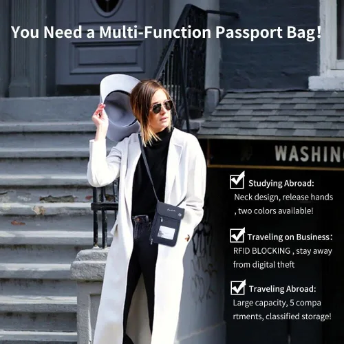 Miniatura 7 de Cartera de viaje, bolsa para el cuello con RFID impermeable multifuncional organizador de documentos, diseño de ventana visual, cartera de viaje