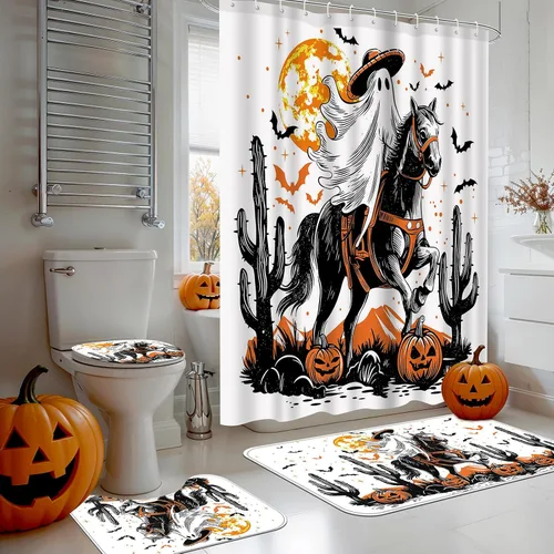 Miniatura 2 de Ticuenicoa Juego de 4 cortinas de ducha de Halloween con diseño de jinete fantasma, incluye cortina de ducha de 72 x 72 pulgadas, alfombras de baño