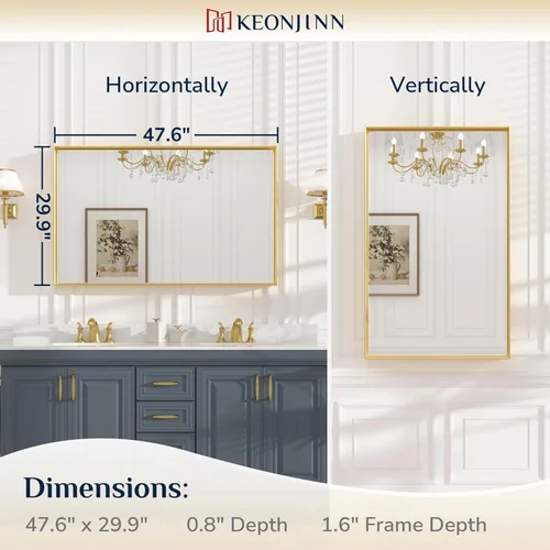 Miniatura 6 de Keonjinn Espejo de baño dorado de 48 x 30 pulgadas, espejo de pared de baño con borde dorado grande cepillado para sobre el fregadero, espejos