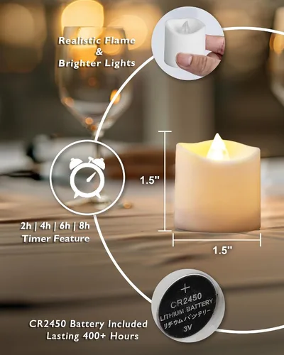 Miniatura 6 de Homemory Paquete de 24 Velas Sin Llama de Más de 400 Horas con Control Remoto, Velas Votivas LED con Temporizador de 2/4/6/8H, Luces de Té que