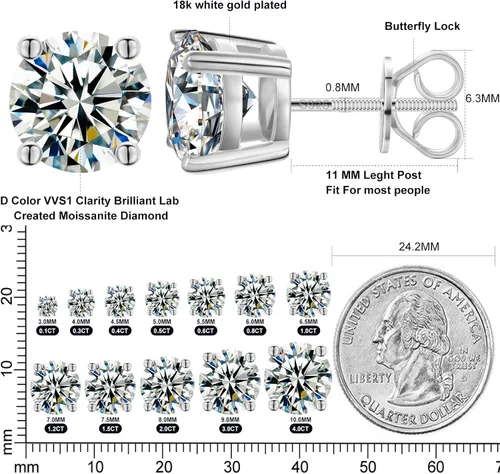 Miniatura 4 de Moissanite Stud Earrings Screw Back 3-10mm 0.2ct-8.0ct 18K White Yellow Rose Gold Plated S925 Sterling Silver Round Cut D Color VVS1 Lab Created