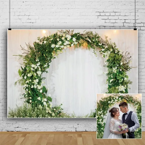 Miniatura 7 de Telón de fondo de boda romántico de 5 x 3 pies, corona arqueada en 3D, cortina blanca para pared nupcial, fondo de fotografía de pared floral