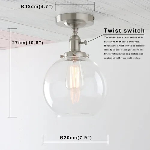 Miniatura 2 de PERMO Lámpara de techo vintage con 1 lámpara colgante con cristal transparente de globo de 7.9 pulgadas (cepillado)