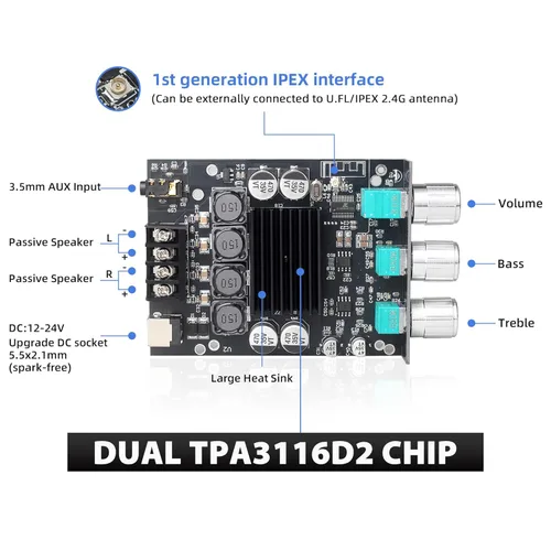 Miniatura 2 de DAJUNGUO ZK-1002T 100W+100W Bluetooth Amplificador Junta con antena IPEX-1, entrada de 9-24V CC, 2.0 estéreo, nombre Bluetooth personalizable, chip