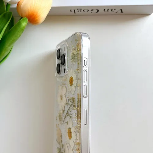 Miniatura 7 de LSEEKA Funda transparente para iPhone 15 Pro Max con diseño de flores reales prensadas, con purpurina, bonito patrón floral blanco, delgada, suave