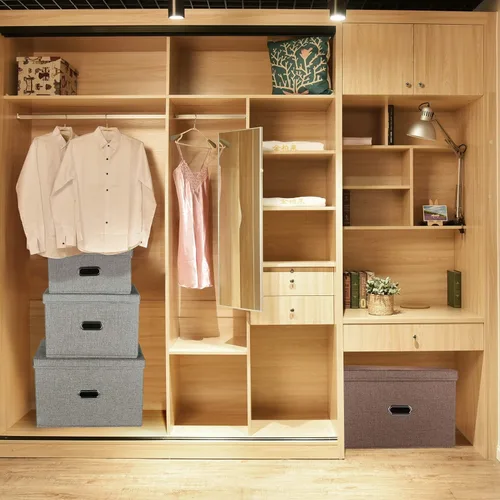 Miniatura 5 de Papeleras grandes plegables de tela de lino, con tapa y asas extraíbles, organizador de cajas de almacenamiento lavables, cubos con cubierta