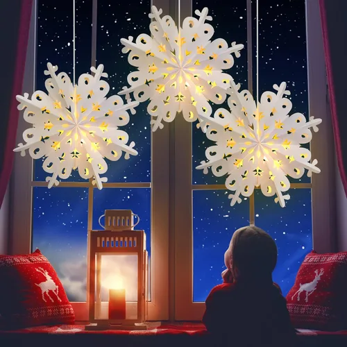 Miniatura 3 de Mudder 3 linternas de copo de nieve de papel de Navidad con 5 luces LED de 23.6 pulgadas, lámparas colgantes blancas 3D de copo de nieve