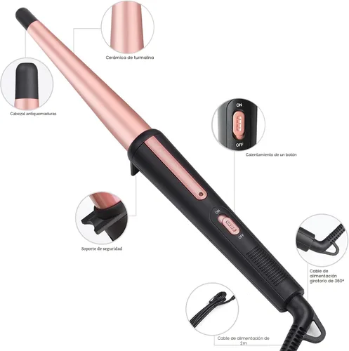 Miniatura 2 de Rizador de pelo, rizador cónico de 0.5 a 1 pulgada, rizador de pelo profesional de cerámica con guante resistente al calor, doble voltaje (rosa)