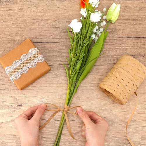 Miniatura 6 de Cordel de cinta de papel de rafia natural de 656 pies, cuerda de rafia de 1/4 de pulgada, cinta de papel de embalaje resistente para ramos de Marrón
