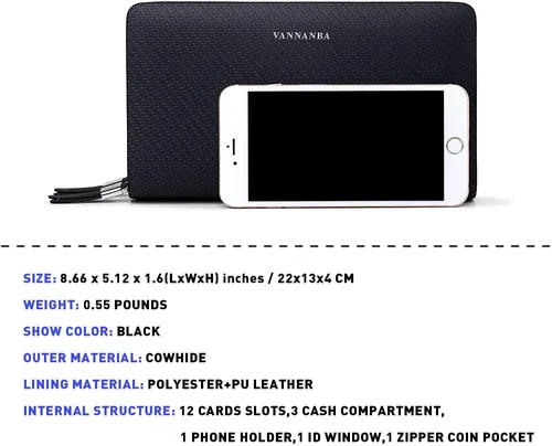 Miniatura 4 de VANNANBA Carteras de mano con doble cremallera de cuero grande cartera larga de negocios cartera de mano para teléfono regalo para padre hijo marido