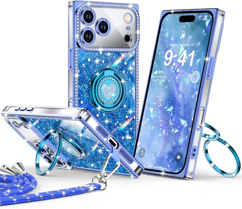 Miniatura 9 de XYZ Funda para iPhone 13, con purpurina brillante con soporte de corazón de 2 anillos y cordón, funda protectora a prueba de golpes con diamantes