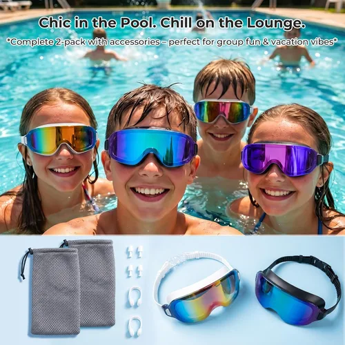 Miniatura 9 de Aegend Gafas de natación para adultos, paquete de 2 unidades, sin marco, 180°, visión amplia, antiniebla, UV, a la moda, para hombres y mujeres
