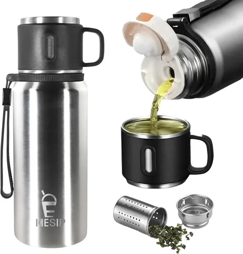 Miniatura 20 de Botella aislada de acero inoxidable, 20 onzas con taza, botella de agua aislada al vacío, termo para bebidas calientes/bebidas frías, viaje con Verde