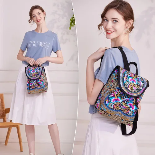 Miniatura 6 de MAZEXY Mochila bordada para mujer, bolso de hombro bohemio, bolso cruzado de flores étnicas vintage, Zafiro rojo, Causal