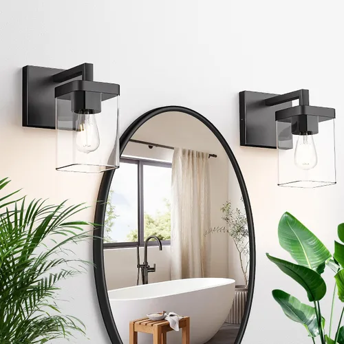 Juego de 2 apliques de pared, diseño cuadrado, accesorios de iluminación de baño con pantalla de vidrio transparente, luces de pared negras mate