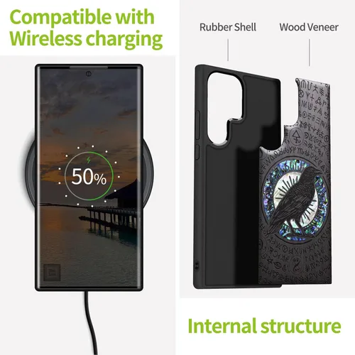 Miniatura 4 de Carveit Funda de madera para Samsung Galaxy S22 Ultra [grabado de madera e incrustaciones de carcasa] Funda de madera compatible con cargadores