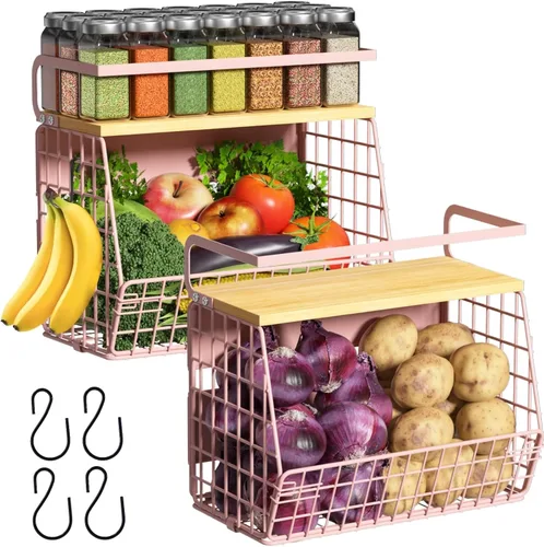 Miniatura 20 de Juego de 2 estantes magnéticos para refrigerador con tapa de madera, contenedores de almacenamiento de papas y cebollas, organizadores y Negro