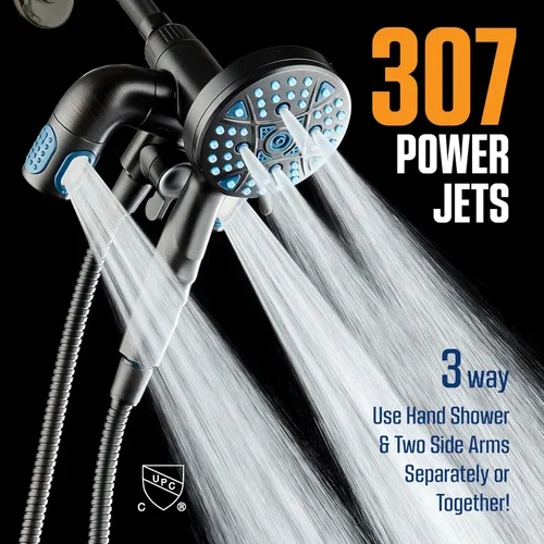 Miniatura 4 de AquaCare Polaris - Sistema combinado de 3 vías con cabezal de ducha y ducha de mano multizona de alta presión de 208 ajustes, mango de acoplamiento