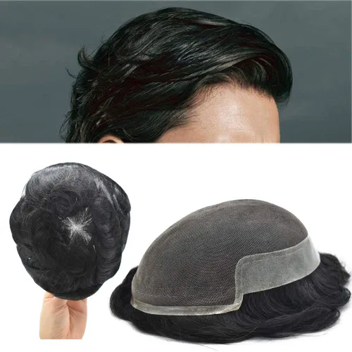 Miniatura 44 de Tupé de encaje suizo para hombres, piezas de cabello humano real, encaje frontal, sistema de reemplazo de cabello tipo tupé, nudo blanqueado, línea