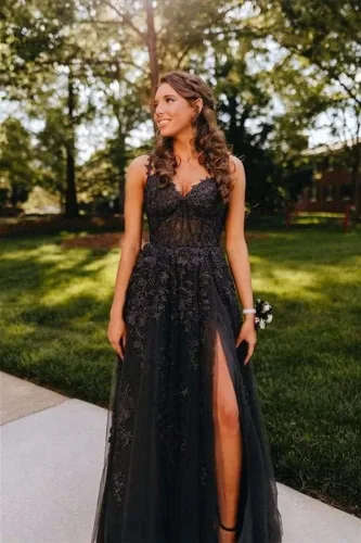 Miniatura 8 de Vestidos de fiesta con tirantes delgados para mujer, apliques de encaje, hombros descubiertos, tul sexy, dividido, largo, formal, vestidos de fiesta