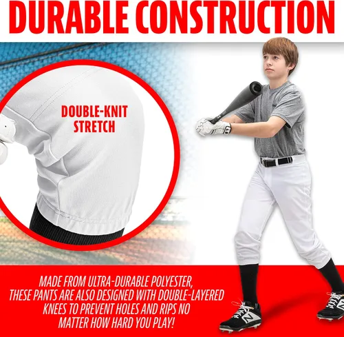 Miniatura 4 de Franklin Sports Pantalones de béisbol y sóftbol juveniles, hasta la rodilla + pantalones de béisbol de ajuste relajado para niños, color blanco