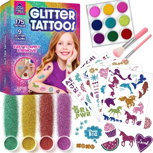 PURPLE LADYBUG Tatuajes con purpurina para niños – Kit de tatuaje con purpurina de 175 diseños, tatuajes falsos temporales para niños, divertido