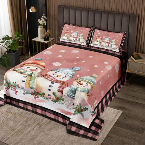 Miniatura 13 de Manfei Colcha de muñeco de nieve de Navidad, tamaño King, colcha acolchada con 2 fundas de almohada, juego de colcha rosa de Navidad de 3 piezas
