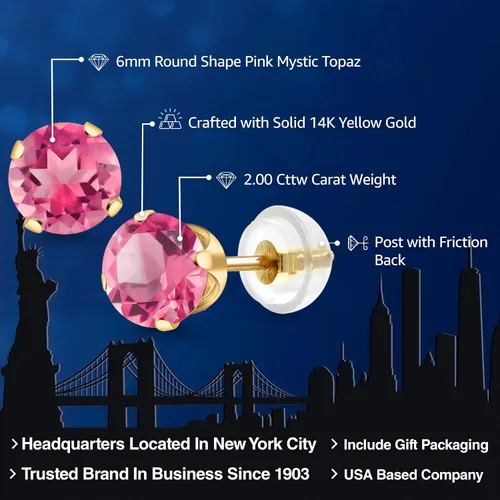 Miniatura 164 de Gem Stone King Aretes solitarios con piedra natal de oro de 14 quilates Redondos de 0.236 in Aretes de oro para mujeres y hombres