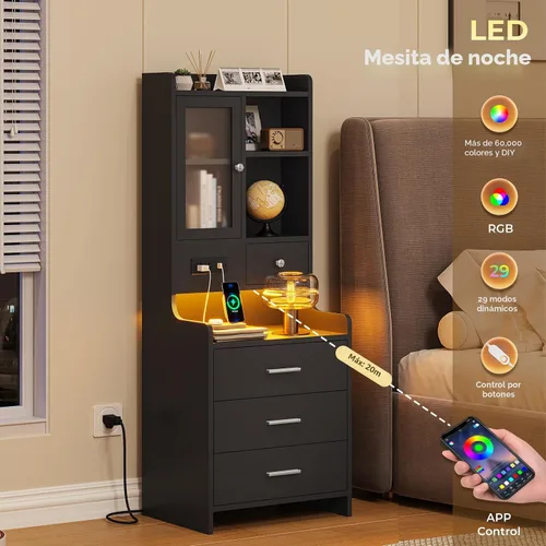 Miniatura 4 de ADORNEVE Mesita de noche alta con estación de carga y luces LED, mesita de noche de 49.2 pulgadas con estantería, mesita de noche negra con cajones