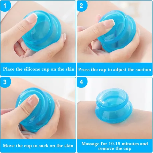 Miniatura 4 de Geiserailie Juego de terapia de ventosas de silicona de 4 tamaños, tazas de masaje de ventosas, taza de terapia china profesional, para nervios Azul
