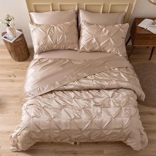 Miniatura 22 de MR&HM Juego de ropa de cama con edredón satinado King de 7 piezas - Juego de cama lujoso con pliegues, con edredón, sábana plana, sábana ajustada