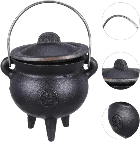 Miniatura 9 de DOITOOL Caldero de hierro fundido con tapa y asa, caldero de bruja de Halloween, olla de bruja negra para manchar, quemar incienso, decoración